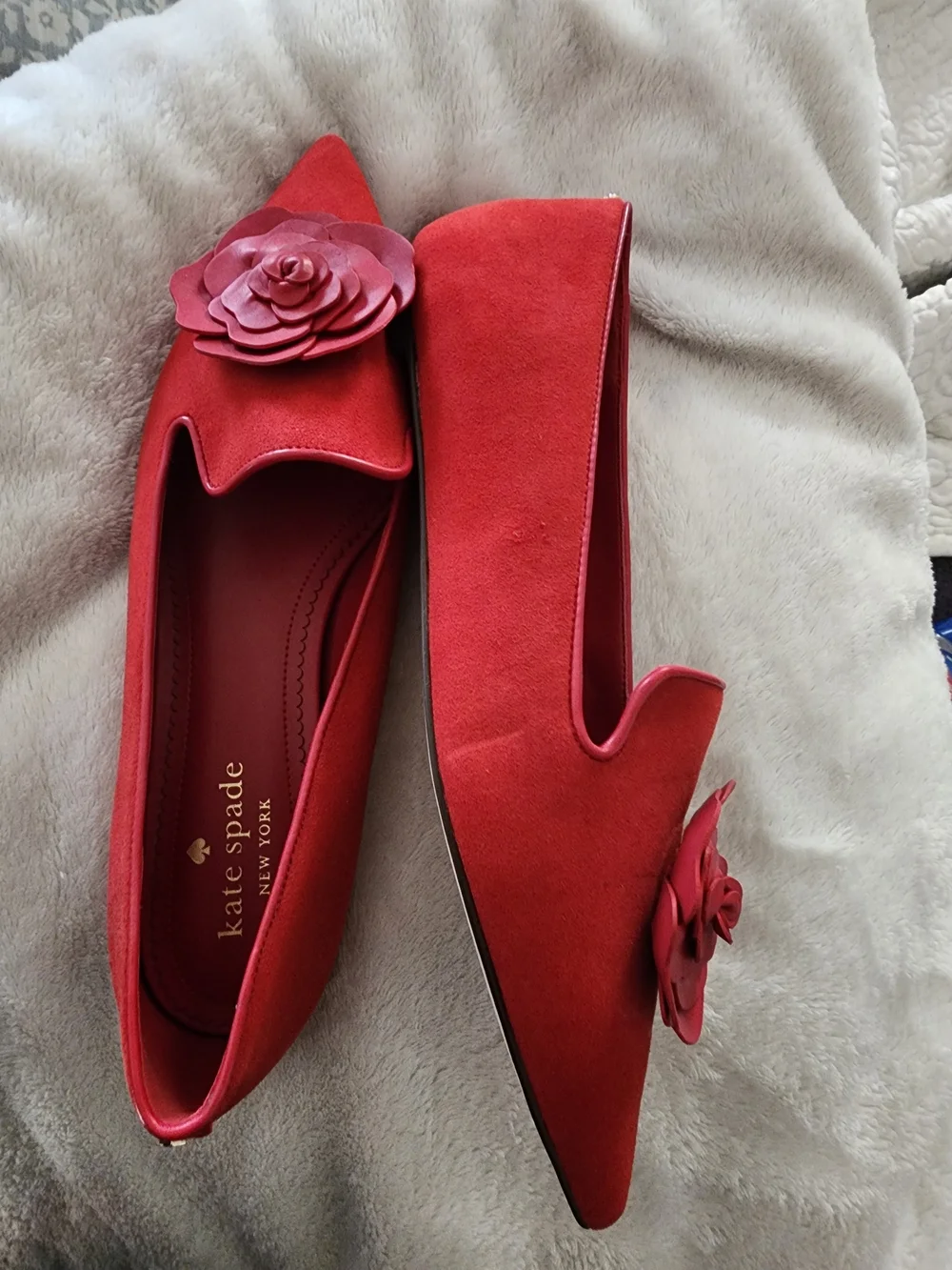 kate spade Red Suede Pointed Toe Flats with Floral Applique